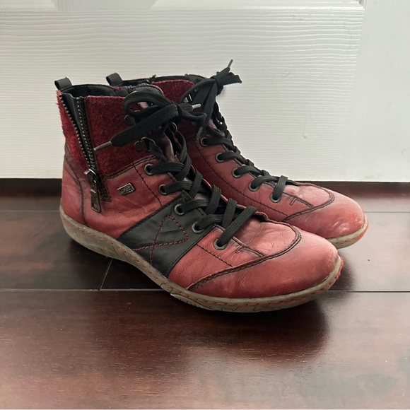 Size 10 (41) Remonte 8908 Women’s Leather Ankle Boots Red Lace Up Zip Comfort - Picture 2 of 7